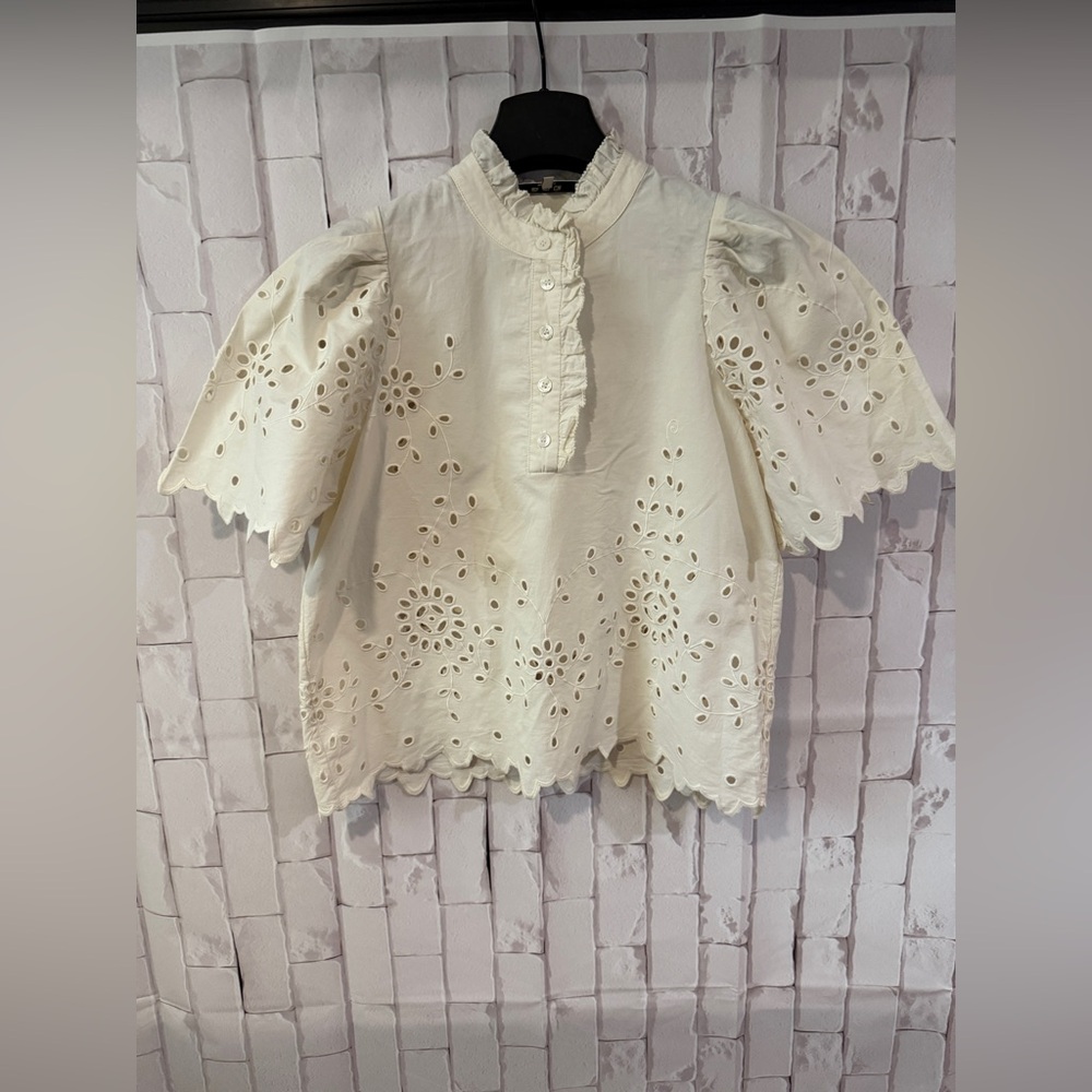 Sea New York Cream Ruffled Blouse with Mandarin Collar